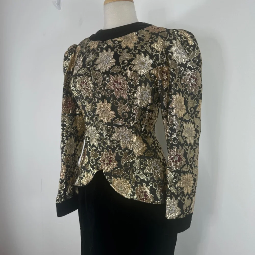 VTG JESSICA McCLINTOCK Velvet Brocade Party Dress Puff Black Gold Ball Gown 10